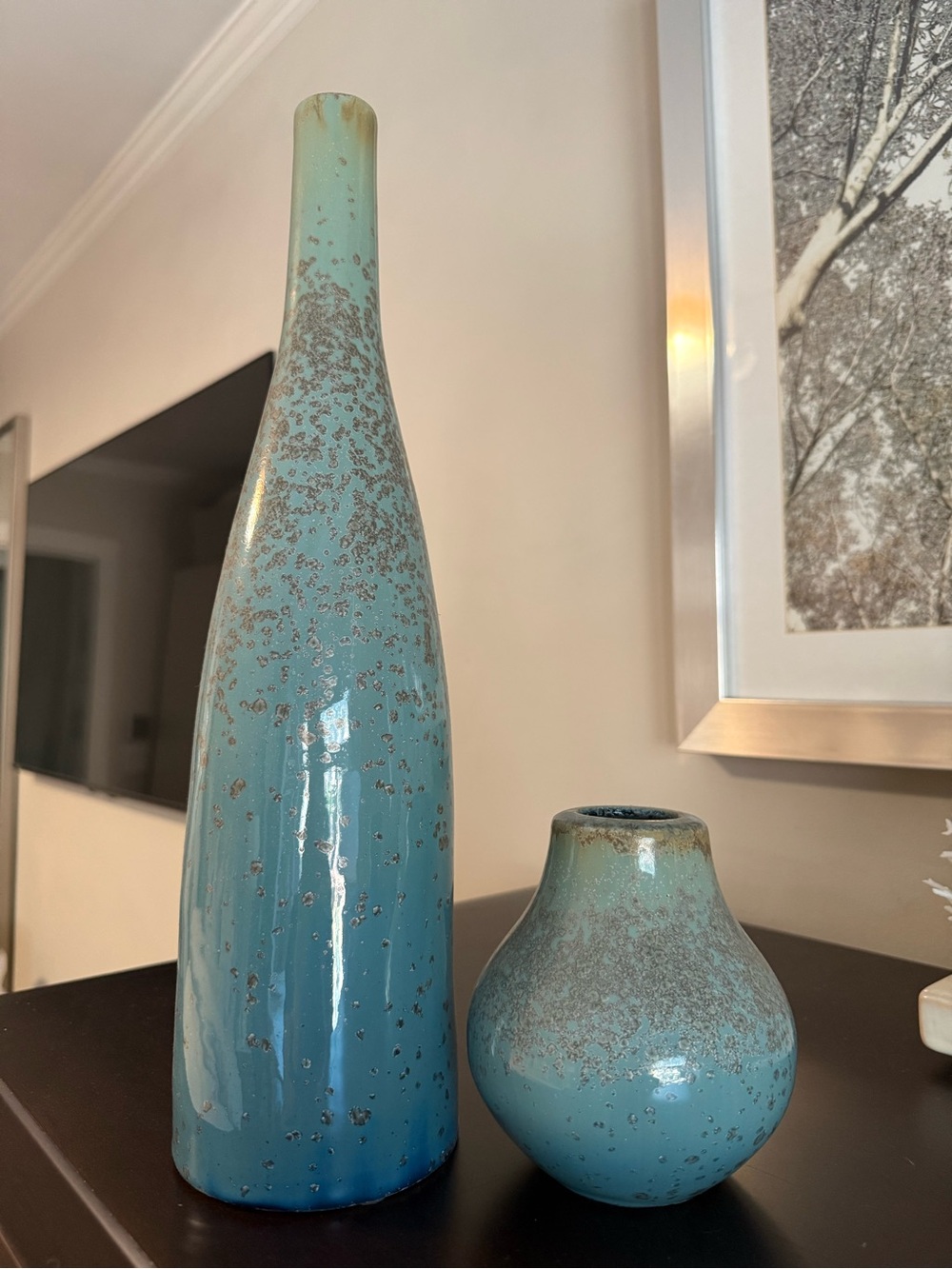 Set of Aqua Glazed Ceramic Bottle Vases - Turquoise Home Accent